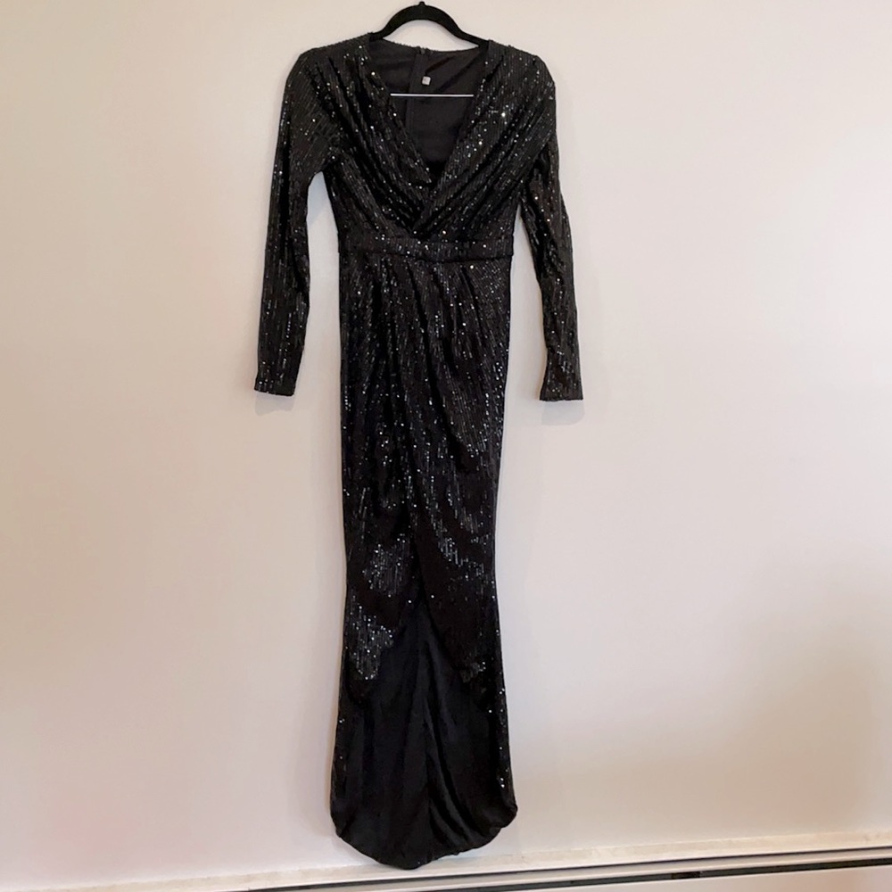 Sequin Black Long sleeve Black Dress with low V front and wrap / split front